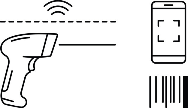 Barcode scanner vector set with handheld reader smartphone camera app laser beam and code line art elements