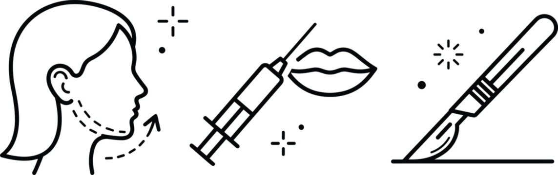 Plastic surgery vector icon set with facelift profile lip filler syringe injection and medical scalpel knife outline
