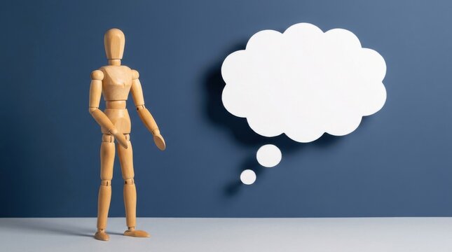 Wooden mannequin standing beside white thought bubble cloud with copy space