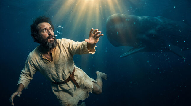 Jonah thrown overboard sinking into sea beside great fish whale sent by God, dramatic biblical scene