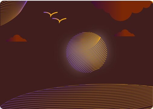 abstract line srt sunset vector illustration with glowing sun and waves 