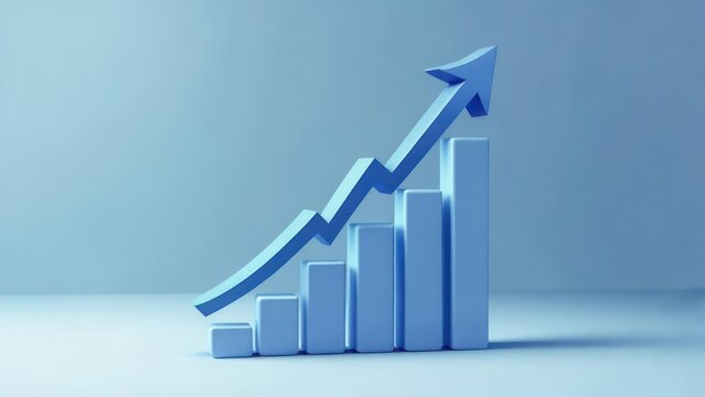 3D graphic of a light-blue upward trending bar graph