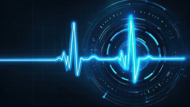 A glowing blue EKG trace against a dark, futuristic background