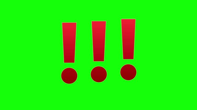 Red exclamation marks on green screen background, triple alert symbols for warning and attention, vibrant 3D punctuation icons for video editing