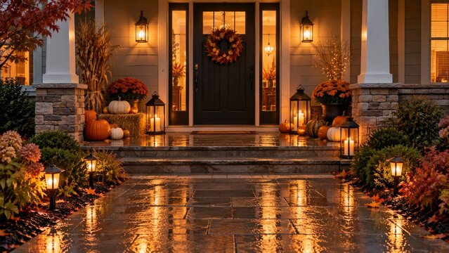 Illuminated walkway leading to a decorated house with pumpkins and low lights in an outdoor Halloween safety display at dusk