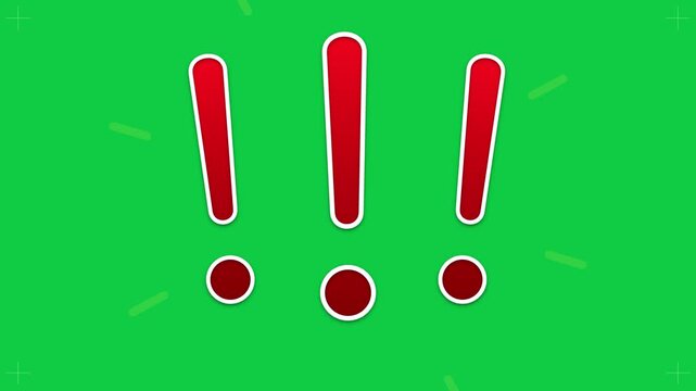 Exclamation mark animation on green screen, red warning alert symbols, triple exclamation point motion graphic for emergency notification