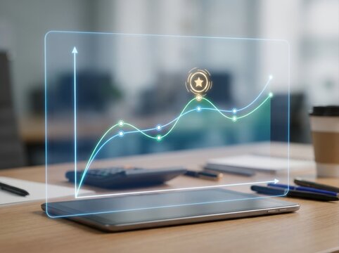 cost reduction performance analysis Holographic financial graph rising above a tablet on an office desk.