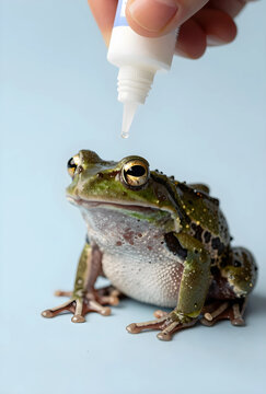 Veterinary care and animal health, human hand applying eye drops to a green frog for medical treatment and ophthalmology research in a clinical setting