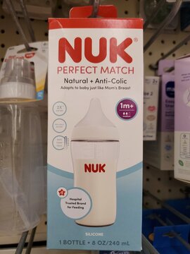 Wilmington, Delaware, U.S.A - Sept 15, 2026 - NUK Perfect Match baby bottle packaging featuring soft silicone nipple, anti-colic design, and temperature safety technology.