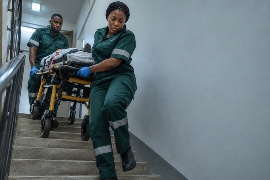 Black paramedics carrying patient on stretcher on apartment building staircase at emergency call, teamwork in action
