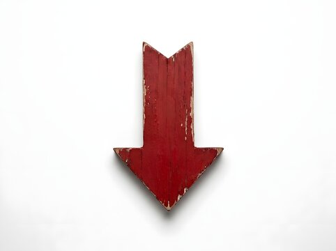 Red downward pointing arrow made of aged wood on clean white background for direction.