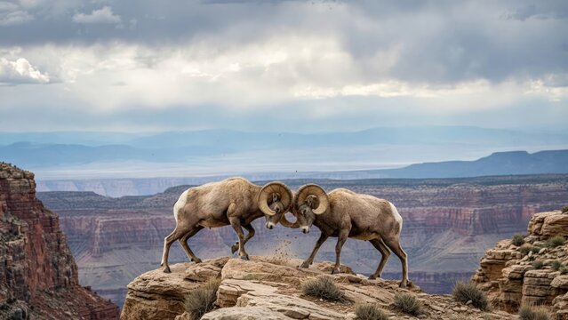 Bighorn sheep fighting with horns on a rocky cliff overlooking a grand canyon landscape