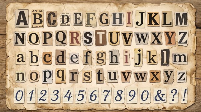 A complete set of cut out ransom note style letters and numbers arranged on a textured piece of aged parchment paper surface with scrapbook