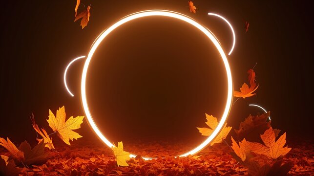 Electric glowing circular ring illuminating autumn leaves in a dark landscape