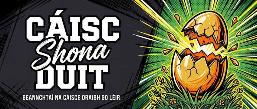 Happy Easter in Irish greeting card banner with cracked golden egg hatching in pop art comic style, Caisc Shona Duit text illustration for spring holiday celebration banner background design
