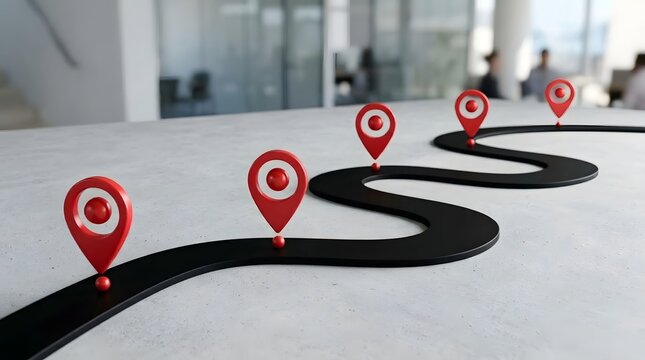 Winding road with red location pins on office table representing business journey map.
