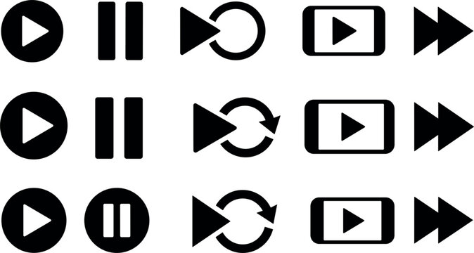 Set of media player control icons including play, pause, repeat, video and fast forward buttons in flat black style