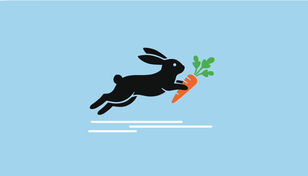 Black silhouette of a rabbit running swiftly and holding a fresh carrot in its mouth, set against a solid light blue background with decorative ground lines.
