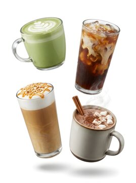 Collection of four various warm and cold coffee and tea drinks floating on white.