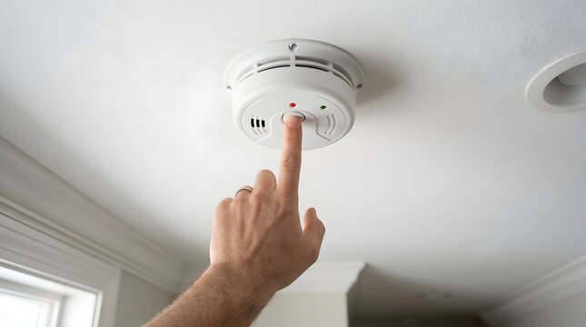 Hand pressing white smoke detector test button on ceiling for safety check.