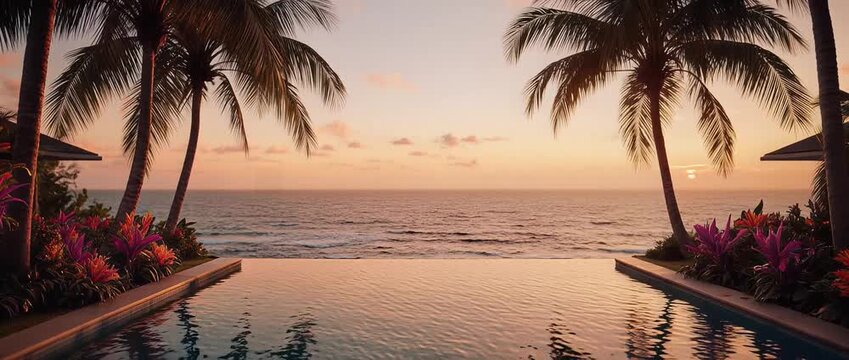 Luxury infinity pool overlooking ocean at sunset with palm trees