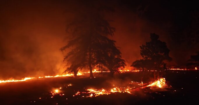 Aerial view of a forest fire burning through trees at night with intense flames and glowing embers illuminating the dark landscape in Thailand.