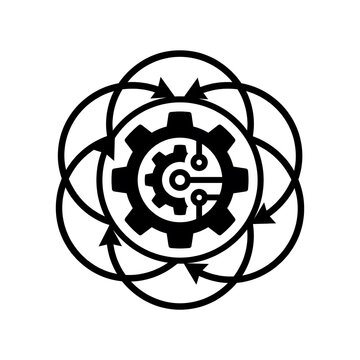 Abstract black and white vector icon featuring a gear and interconnected arrows