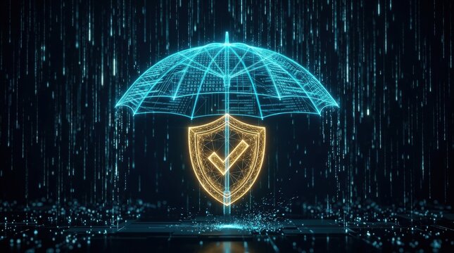 Cyber security digital protection umbrella and shield concept with glowing binary code rain background