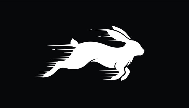 A dynamic white silhouette of a fast running hare with motion lines against a solid black background, conveying speed and agility.