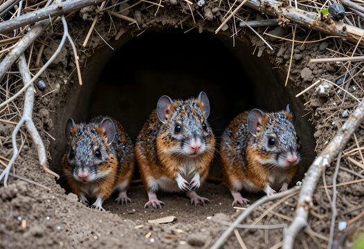 Wildlife conservation and biodiversity, three small wild mice emerging from a dark burrow in the ground in a natural forest habitat during the day