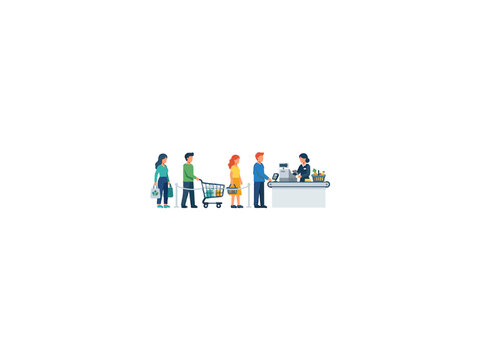 Flat vector illustration of customers queuing at a grocery store checkout with shopping carts and reusable bags on a white background.