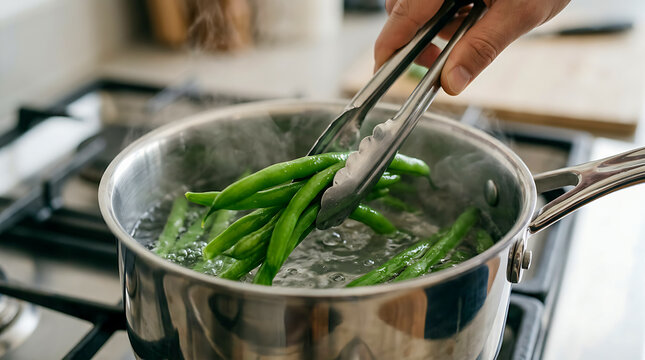 Close-up photo of green beans boiling in a pot.