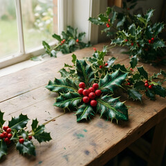 Obraz premium Christmas holiday decoration, festive holly sprigs with red berries on rustic wooden table for winter seasonal home interior and festive celebration