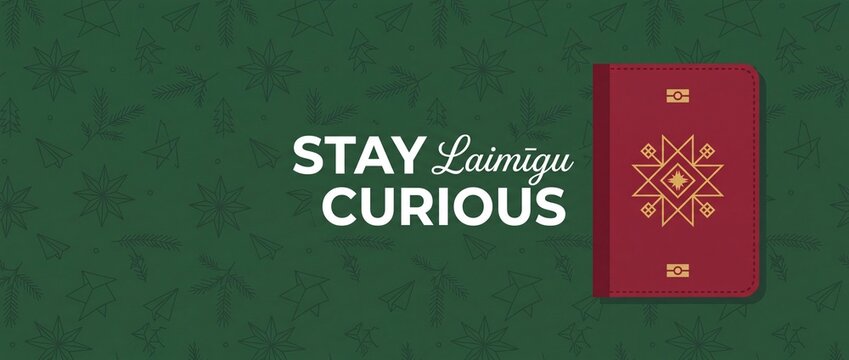 Christmas travel journal passport background with stay curious text, red notebook, golden folk ornament pattern and green winter pine fir tree graphic banner copy space for holiday advertisement