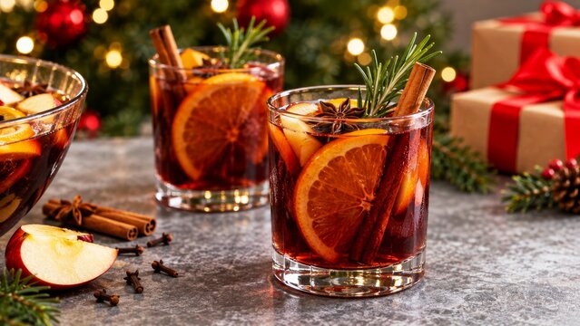 Two red holiday spiced drinks with dried orange, cinnamon, rosemary and wrapped gifts