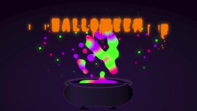 Halloween witch cauldron animation with bubbling liquid potion of vibrant pink and lime green colors, featuring mystical star particles and flickering text in dark spooky holiday event background