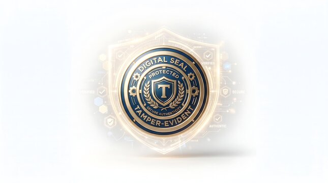 secure digital seal emblem with shield icon on white background