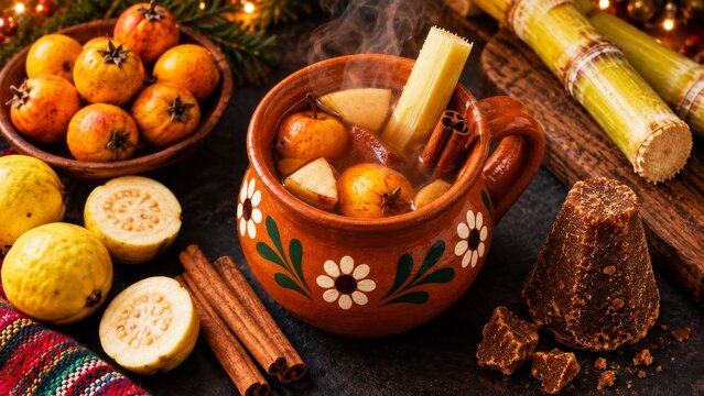 Steaming Mexican ponche with tejocote, guava, sugar cane, piloncillo and cinnamon in a painted clay mug