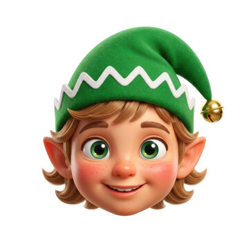 3d render of a cute cartoon elf face with green hat and golden bell isolated on transparent background