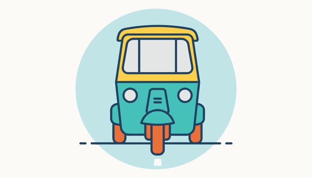 Front view illustration of a colorful yellow and teal auto rickshaw tuk-tuk vehicle set inside a light blue circular frame.