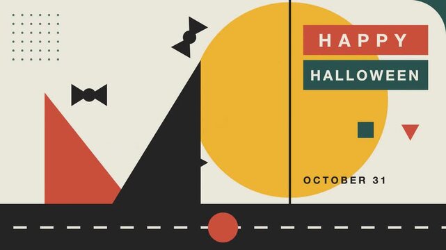 Happy Halloween animation featuring stylized geometric moon rising behind silhouette hill on road with moving candy treats for festive spooky holiday event video display and seasonal motion