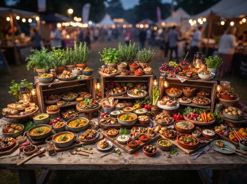 Food festival table with diverse gourmet dishes at an outdoor night market