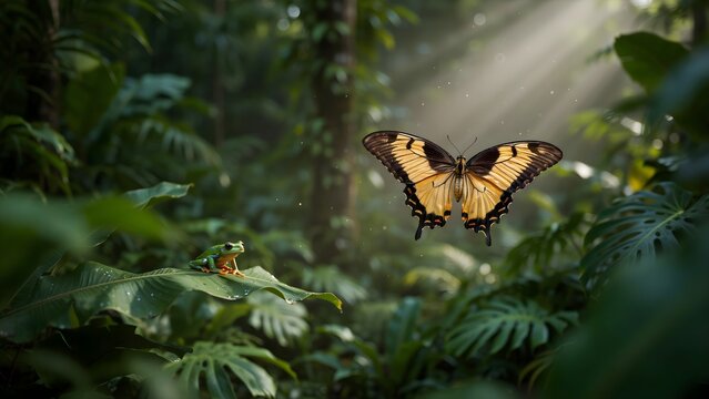 A magnificent Golden Birdwing butterfly flying through lush tropical rainforest, brilliant golden and black wings illuminated by sunlight