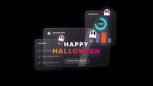Halloween dashboard interface with floating ghost animations and trick or treat call to action buttons for festive spooky holiday event marketing and seasonal data monitoring UI screen motion graphics