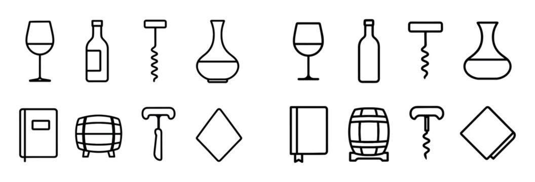 Wine icons with glass bottle corkscrew outline