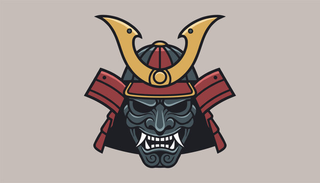Traditional Japanese samurai helmet and mask with golden crest and demonic facial features in a detailed vector style.
