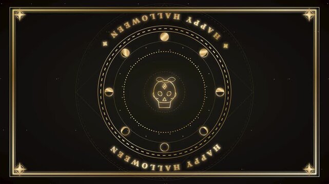 Halloween skull icon animation featuring lunar orbit cycle with mystical rotating planetary phases and festive seasonal technology concept for gothic horror themed occult celebration video