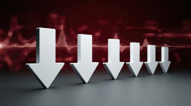 Arrows pointing down 3D render concept of financial market decline loss and decrease