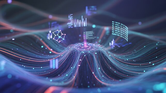 Big data technology Data science analysing artificial intelligence generative AI deep learning machine learning algorithm Neural flow network analytics innovation abstract futuristic. 3d rendering. 