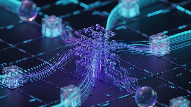 Big data technology Data science analysing artificial intelligence generative AI deep learning machine learning algorithm Neural flow network analytics innovation abstract futuristic. 3d rendering. 